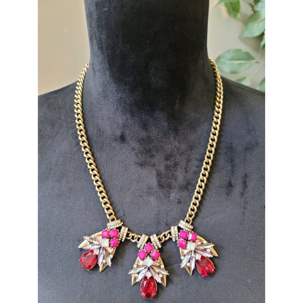 Women's Gold Tone Chain Necklace Red Crystal Pink Gem Lobster Clasp Bold Jewelry